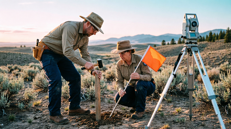 Haldor field crew setting survey markers on a sagebrush hillside at first light