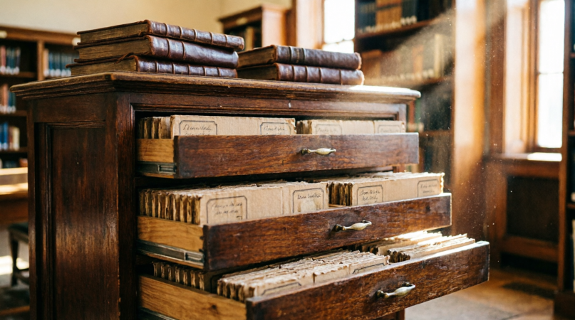 Archive cabinet of labelled mineral specimens and bound survey ledgers dating to 1997