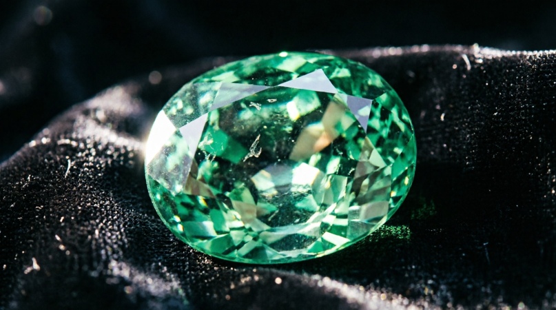 Macro photograph of a vivid green emerald on black velvet