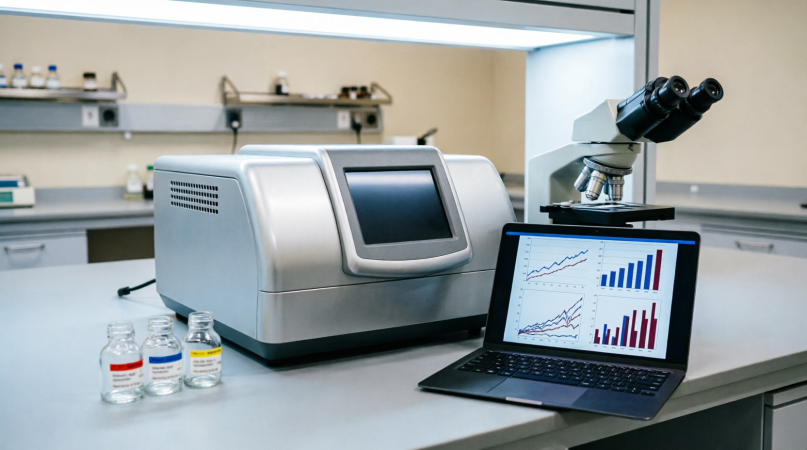 XRF instrument reading a mineral sample in the Haldor laboratory