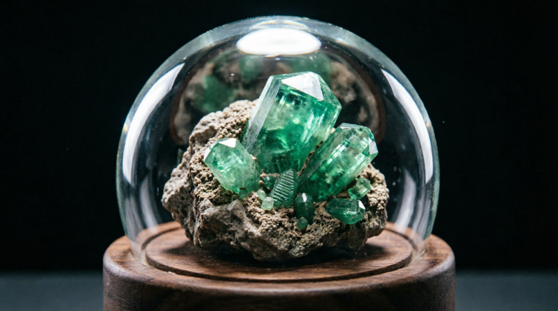 Collector specimen of emerald crystal in host rock under a glass dome