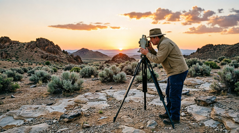 Survey crew staking a boundary line at sunrise over sagebrush