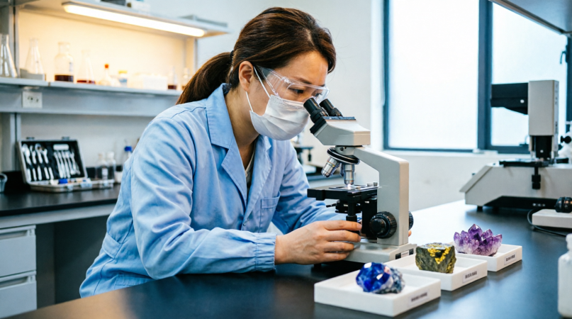 Analyst logging XRF results beside a labelled specimen tray