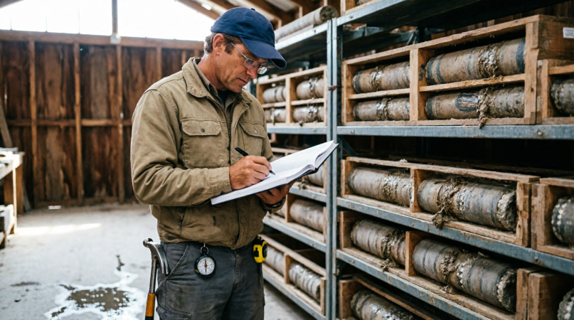 Field geologist logging drill core boxes in a core shack
