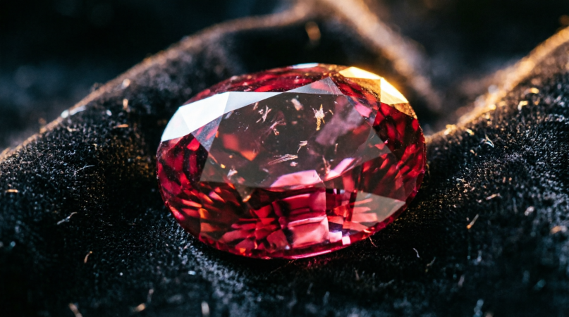Unheated ruby glowing on black silk under warm light