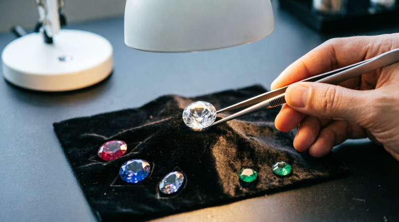 Gemologist grading a stone with tweezers over a black velvet bench pad