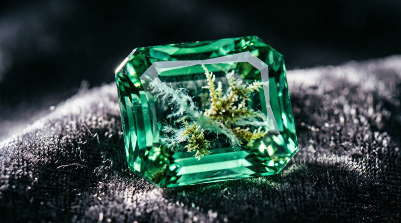 Step-cut emerald on charcoal velvet under raking studio light