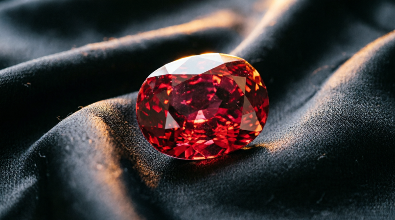 Cushion-cut ruby glowing on black silk with warm rim light