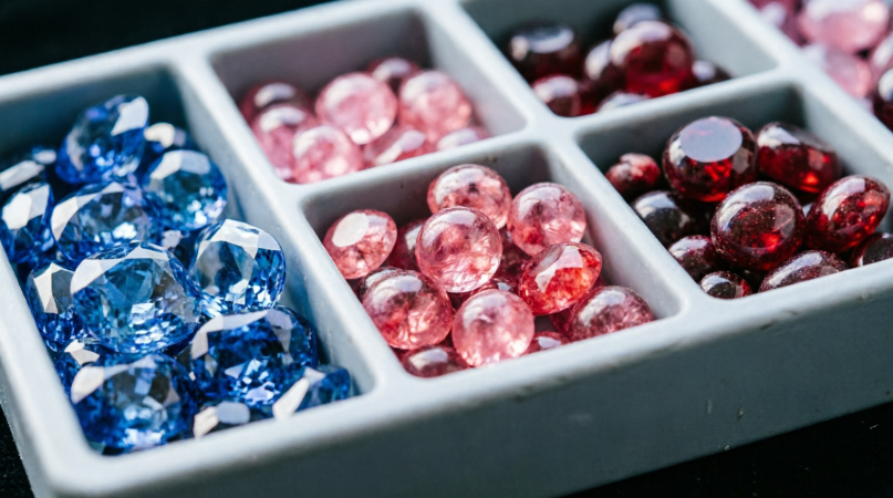 Assorted sapphires, spinels and garnets arranged in a sorting tray