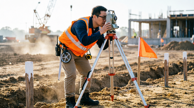 Licensed surveyor sighting a total station on a tripod at a construction boundary