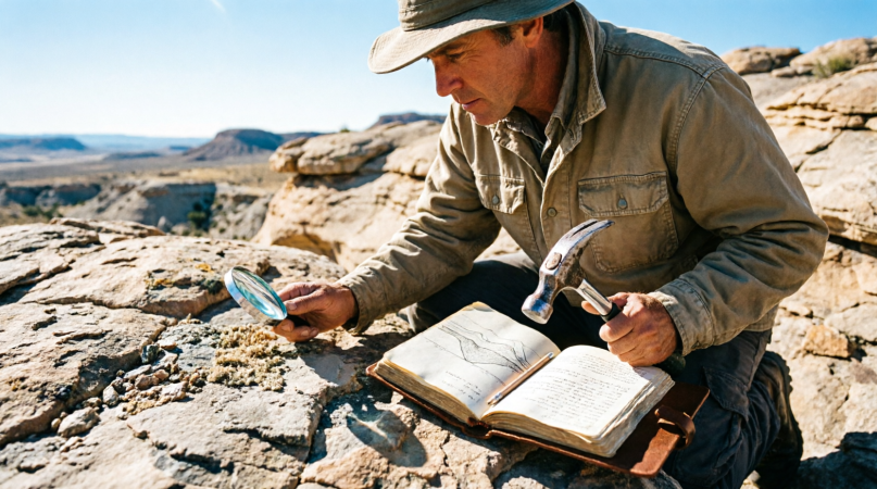 Geologist mapping an outcrop with hand lens, hammer and field notebook