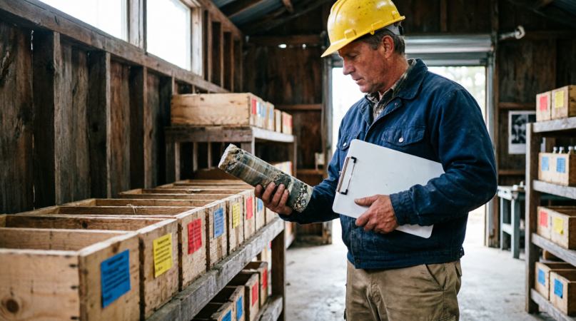 Mining consultant reviewing labelled drill core boxes in a core shack